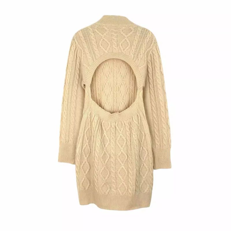 Foreign Trade Cross-Border European American New Source Manufacturer Women's Knitted Cable Backless Long Sleeve Round_voghion.com