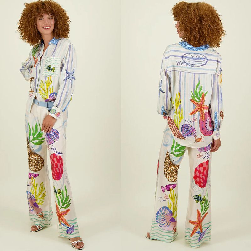 Nuovo set di due pezzi con camicia e pantaloni casual personalizzati con stampa graffiti in raso 2024_voghion.com