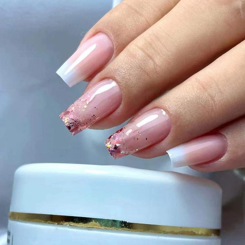 Abgeschrägte französische 24-teilige künstliche Nägel mit Blumendesign, mittellange quadratische künstliche Nägel mit Kleber, tragbarer Ballett-Pre_voghion.com