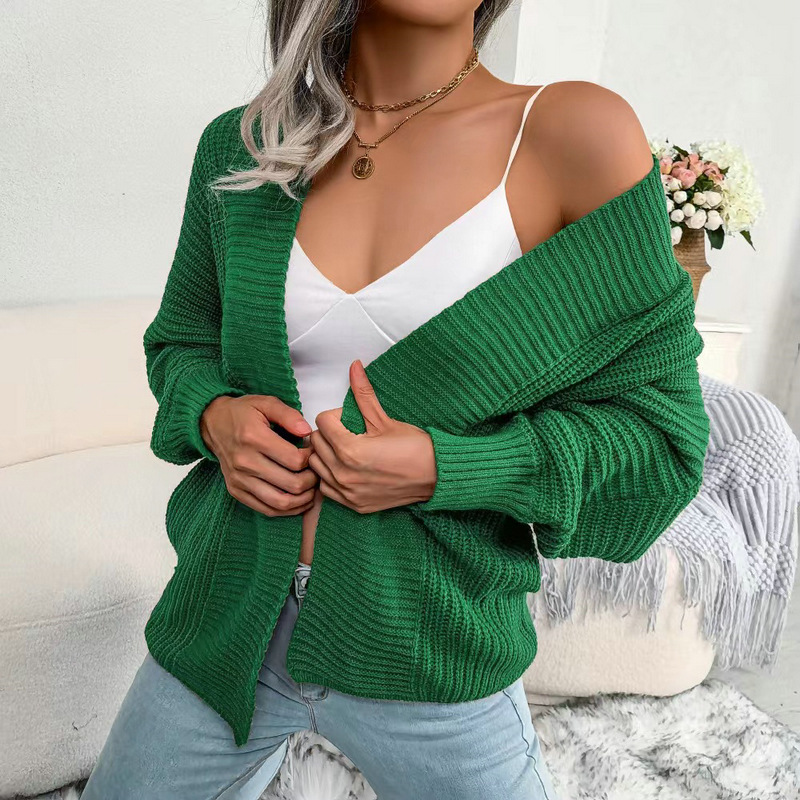 Women's casual bat long-sleeved loose cardigan sweater sweater jacket small shirt_voghion.com