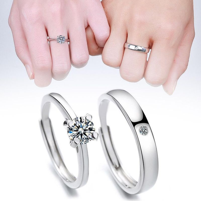 Pronto Stock Semplice Argento Colore Moda Coppia Anelli di Nozze Zirconia Cubica Eternity Band Gioielli Regalo per San Valentino_voghion.com