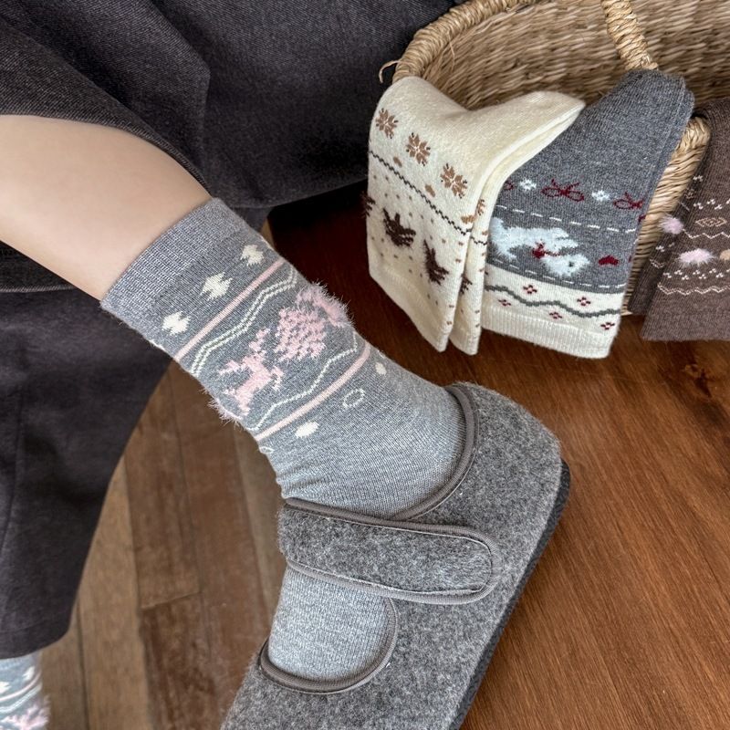 Lillian Herbst Winter New Fair Ile Dreidimensionaler Jacquard Koreanischer Stil Warm Mid-Calf Damen Retro Verdickt Weihnachten_voghion.com