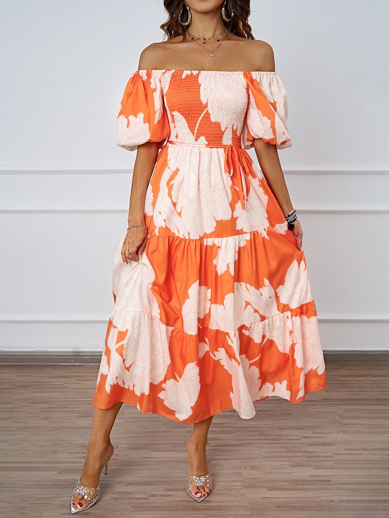 Damkläder Elegant Mönstrad Enaxlad Puffärm Modern Swingklänning_voghion.com