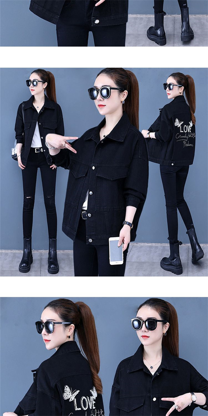 Chaqueta vaquera con remaches tachonados a mano para mujer, abrigo corto con borlas, chaqueta vaquera a la moda, abrigos negros Rock, novedad de primavera y otoño de 2023_voghion.com