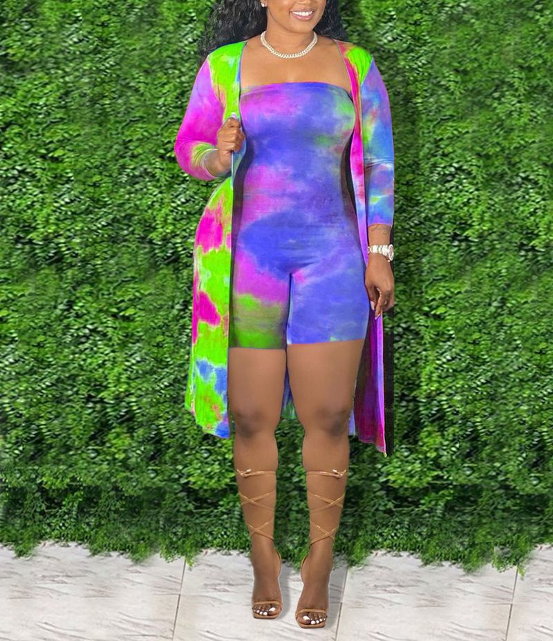 INS New Casual Home Sexy Tie-Dye Jumpsuit Long Sleeve Cardigan Two-Piece Set For Women_voghion.com