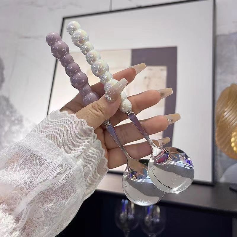 Cucchiaio rotondo con manico lungo, piccolo, per zuppa, per ragazze, in acciaio inossidabile e plastica, per uso domestico, per mangiare_voghion.com