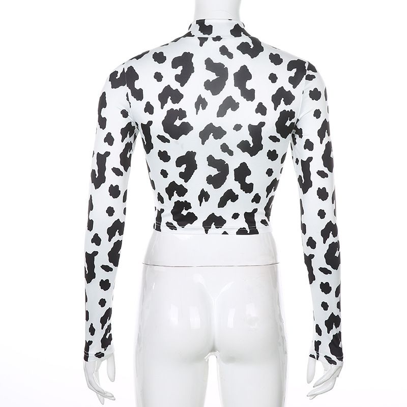 New Elastic Cow Pattern Black And White Contrast Half High Neck Long Sleeved T-shirt Women's Slim Fit Open Navel Top_voghion.com