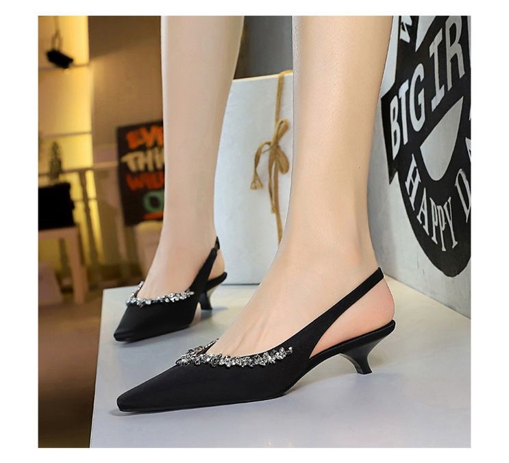 Pointed Low-heeled Shoes, Light-mouth Back Strap, Satin Women's Shoes, Rhinestone Chain, Empty Wine Glass And Comfortable Single Shoes._voghion.com