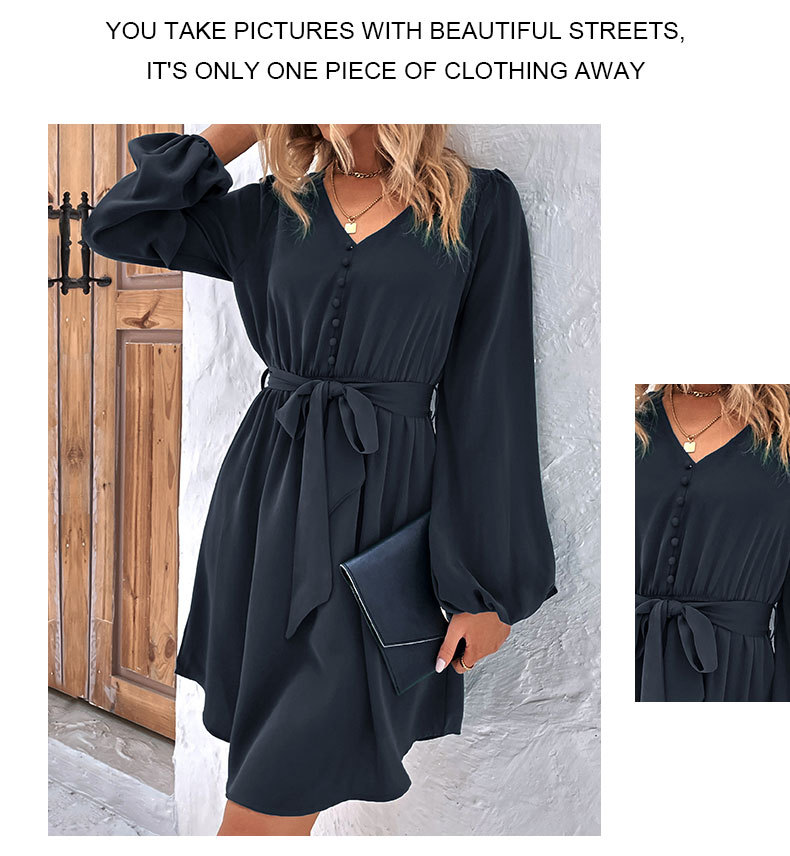 Abito a maniche lunghe con scollo a V solido da donna_voghion.com