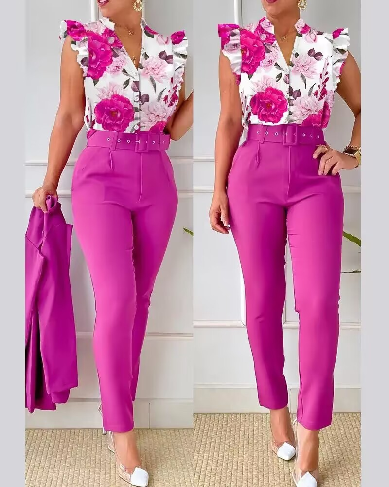 Women's Pant Set 2025 Summer Fashion Geometric Print Ruffle Sleeve Top And Pants Set With Belt Elegant Office Suit_voghion.com