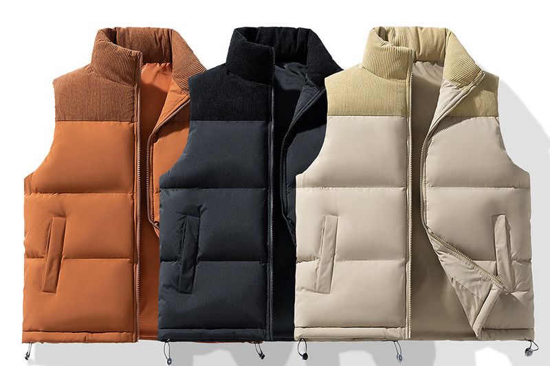 Men's Color-Block Sleeveless Vest, Thickened Warm Winter Waistcoat With Stand Collar & Double Breasted Design_voghion.com