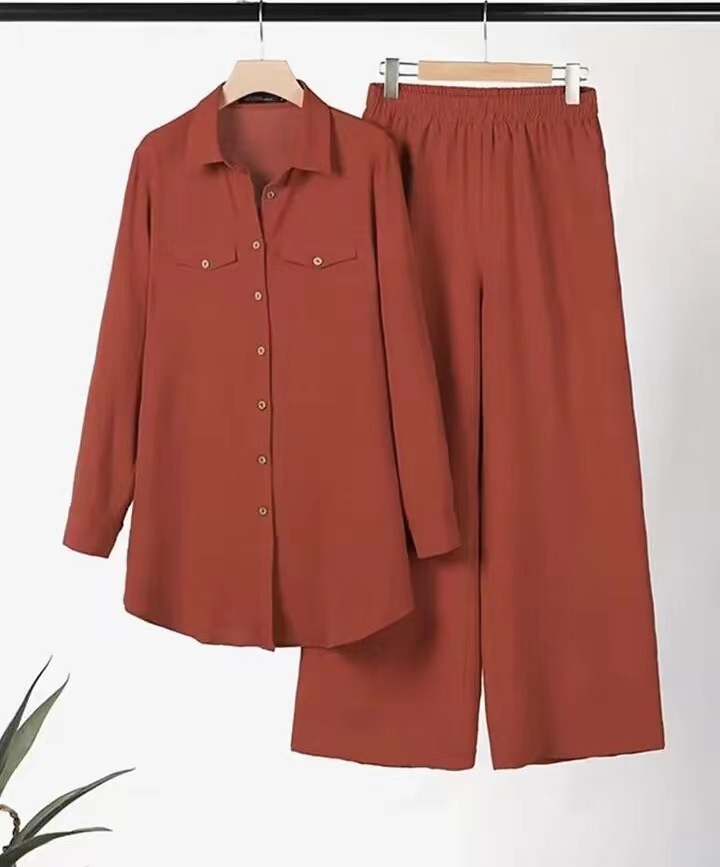 Abbigliamento da donna risvolto camicia a maniche lunghe con patta pantaloni casual alla moda in due pezzi_voghion.com