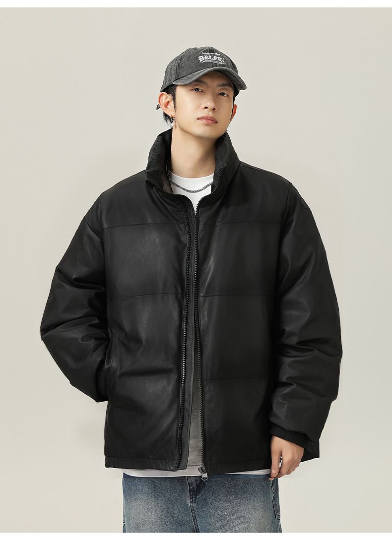Kurze PU-Pufferjacke für Herren, Steppmantel mit Stehkragen für den Winter, übergroßer Streetwear-Bomber mit Seitentaschen, leicht und dennoch warm, Unisex-Oberbekleidung_voghion.com