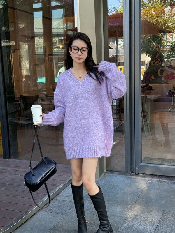 Maglione pullover di media lunghezza con scollo a V, semplice e di alta qualità, in stile coreano, per donna, alla moda, ampio, pigro, versatile_voghion.com