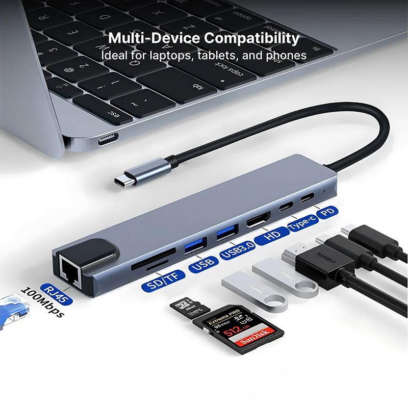 Hub USB 8 in 1 3.0 Tipo C Splitter Docking Station 4K Adattatore per laptop PD SD TF per MacBook Air M1 iPad Pro RJ45_voghion.com
