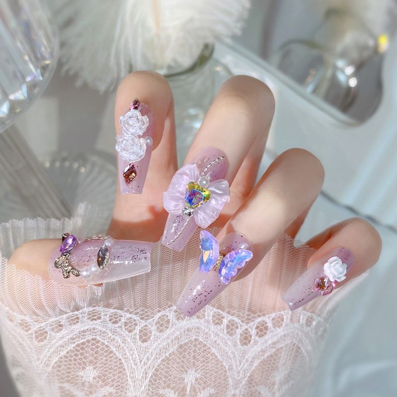 Neues handgefertigtes, versiegeltes Phototherapie-Produkt mit lila Schleife, falscher Nagelaufnäher, Blumennagel G21_voghion.com