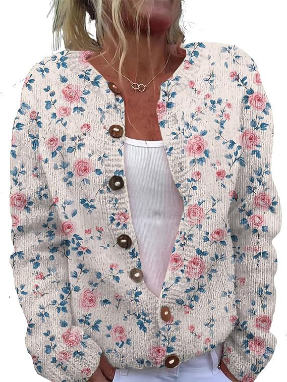 Cardigan da donna con stampa 3D effetto maglia – Maglione oversize con scollo a U, maniche lunghe e apertura frontale_voghion.com