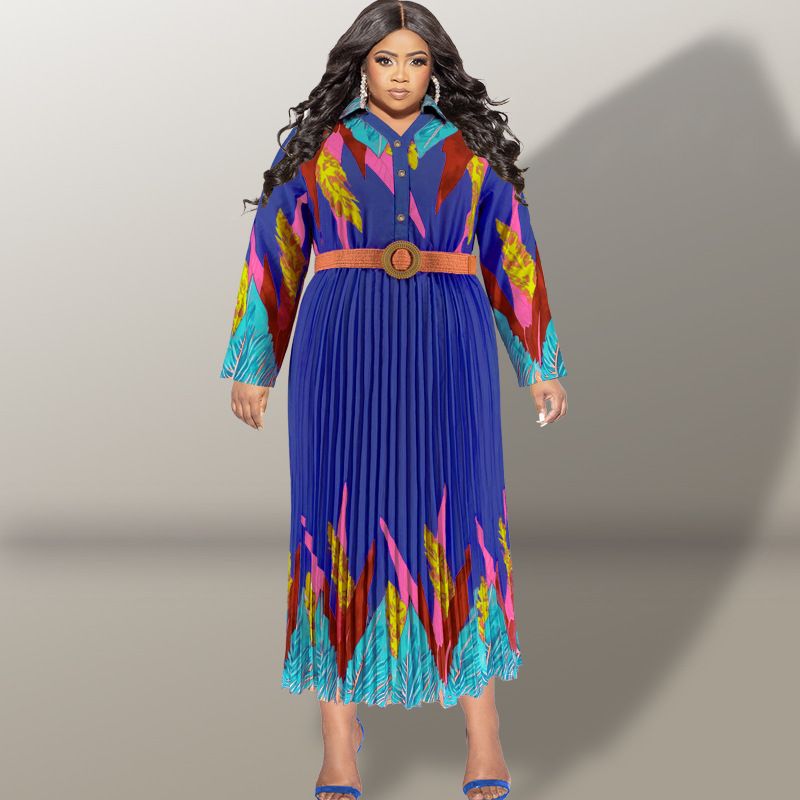 Damenbekleidung Große Größe Herbst Offene Brust Plissee Langarm Kleid Quelle_voghion.com