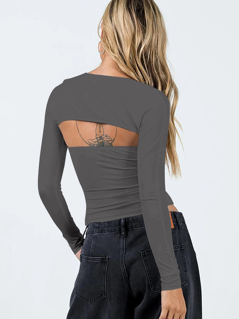 Sexy T-skjorte med tubetopp og langermet tettsittende bluse til dame, todelt sett med topper_voghion.com