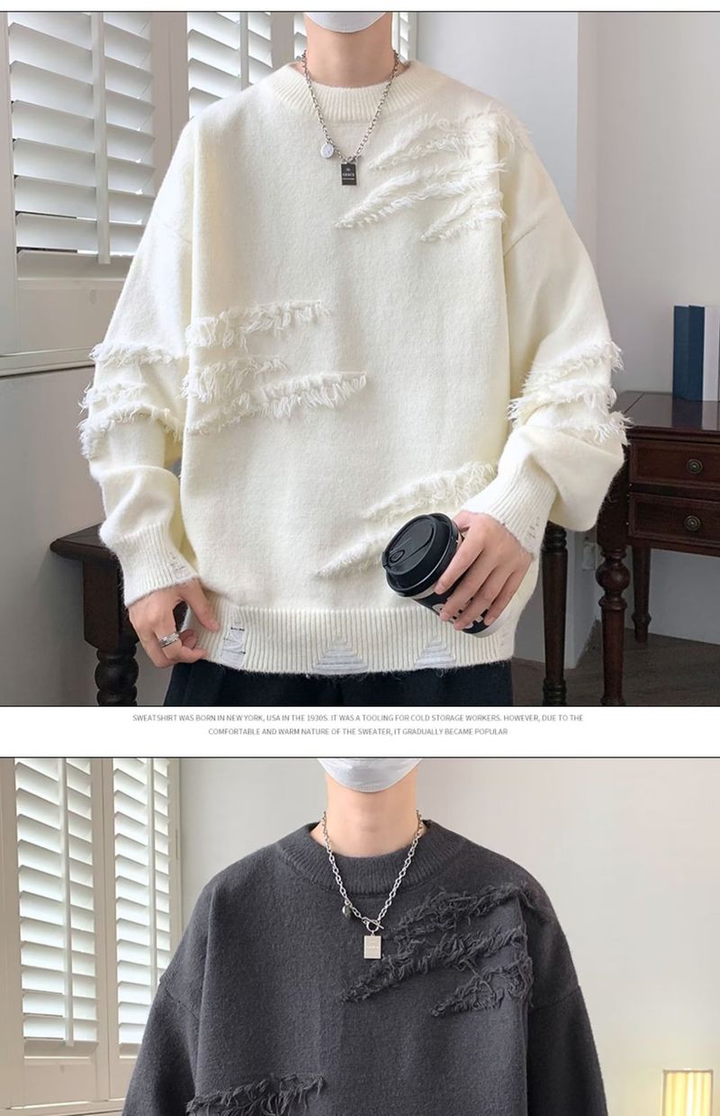 Maglione girocollo giapponese retrò tinta unita per uomo in autunno inverno, tendenza ampia e rilassata, maglia di base pullov aderente_voghion.com