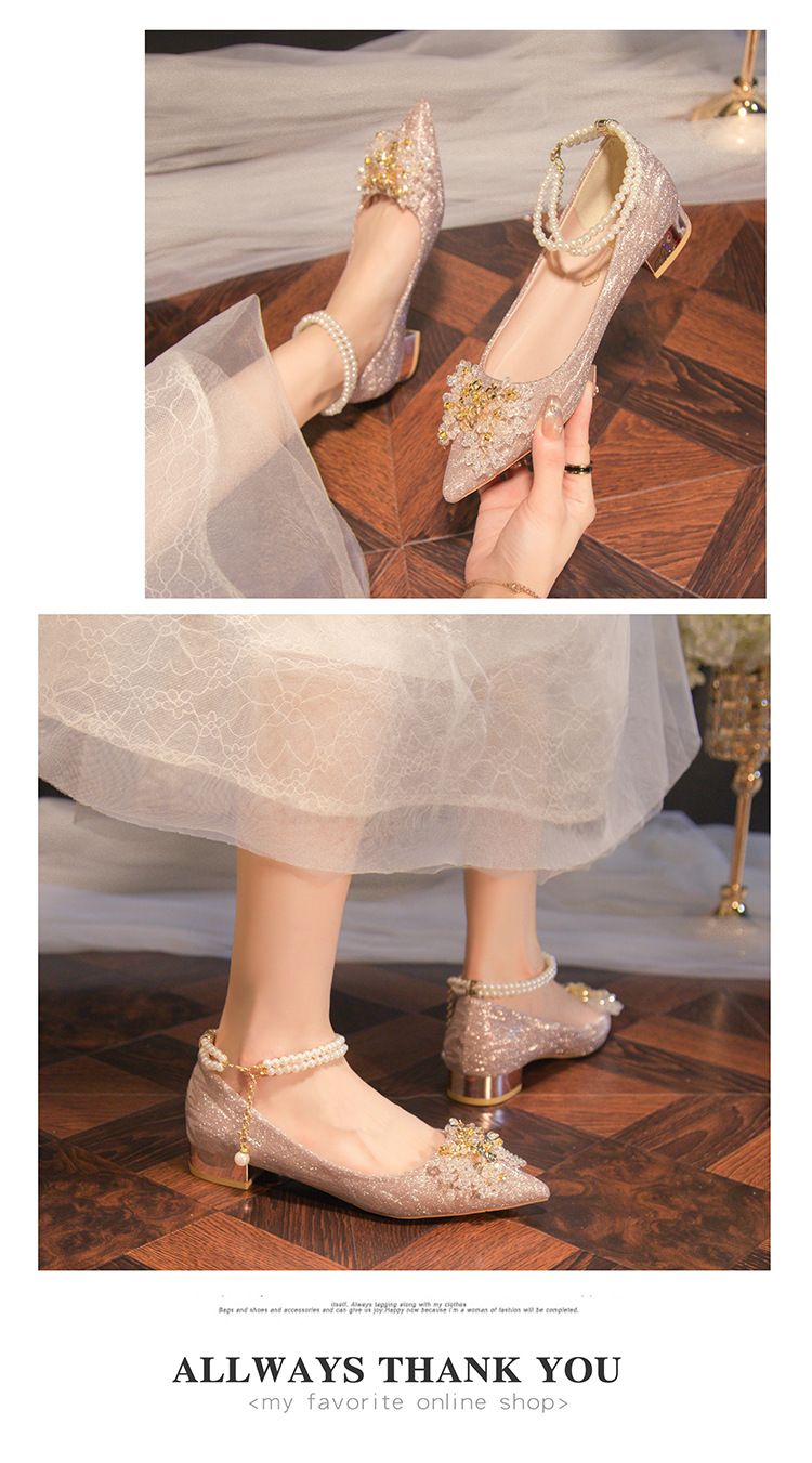 Spring 2025 New Pointed Shallow Mouth Pearl Champagne High Heels For Women, Fashionable Single Shoes Show Leg Length_voghion.com
