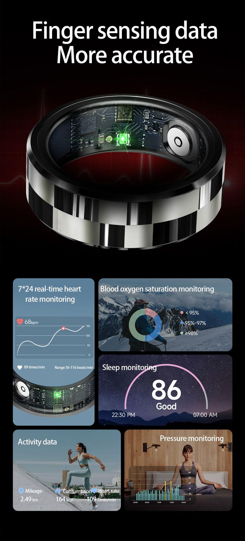 Smart Electronics ny smart ring opladningsrum ring sundhed puls blod ilt blodtryk vandtæt ring multi sport_voghion.com