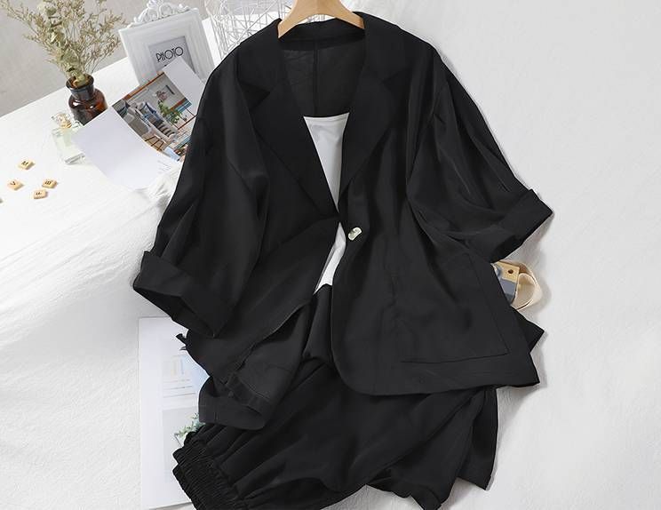 Women's suits fashion spring and summer loose suit collar three-quarter sleeves jacket nine-point wide-leg pants suspenders three-piece suit_voghion.com
