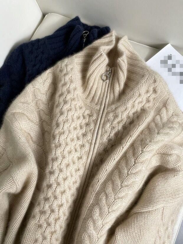100 % Wollpullover, siebennadelig, verdickter Twist, hoher Halsausschnitt, Reißverschluss, Kaschmir-Cardigan für Damen_voghion.com