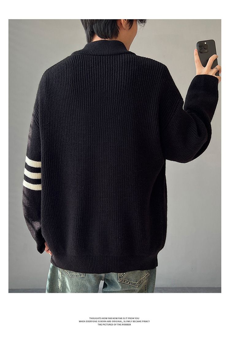 Drei-Streifen-Strickpullover-Cardigan für Herren, Stehkragen, locker lässig für Herbst und Winter_voghion.com