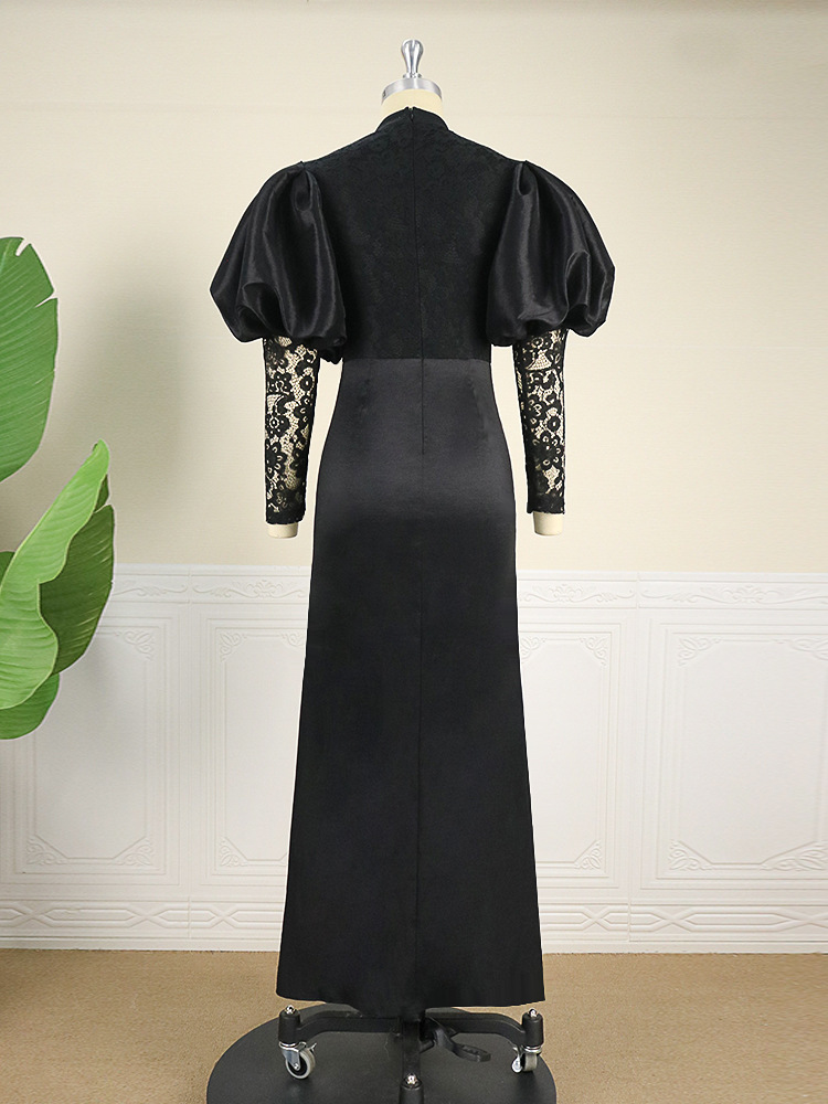 Damenkleid, einzelner Vintage-Spitzenrock, lange Ärmel mit Blasenärmeln, sexy Schlitz, langer Rock, schwarzes Kleid für Frauen_voghion.com
