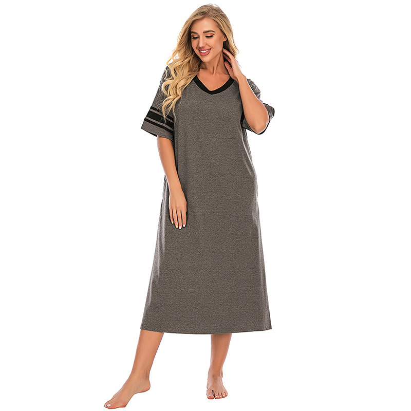 Abbigliamento da donna Nuovo Comodo Scollo a V Largo Contrasto Colore Cotone Maniche corte Casa Vestiti All'ingrosso_voghion.com