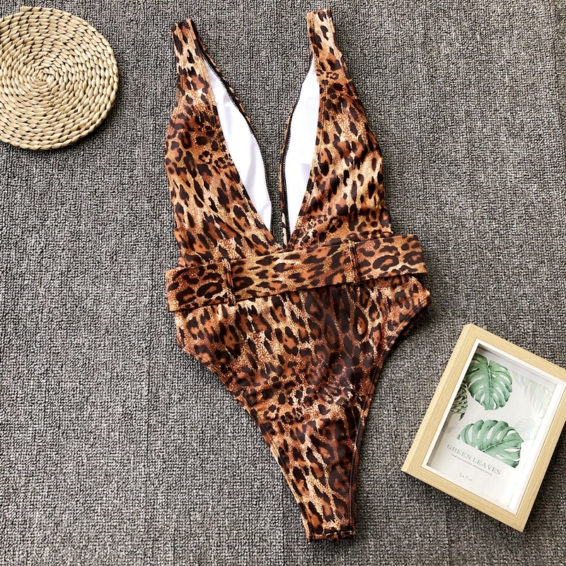 Traje de baño de una pieza para mujer, bikini de una pieza con hebilla y cinturón con estampado de leopardo_voghion.com