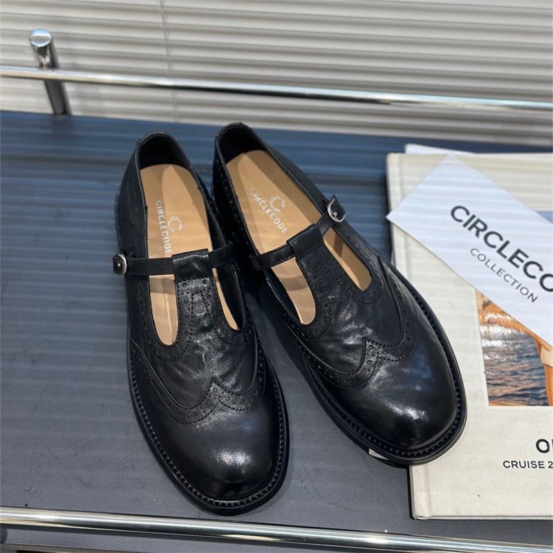 Women's Shoes Cowhide Round Head College Style Retro Fashion All Match T Strap Small Leather Shoes Loafers Women's Single Shoes_voghion.com