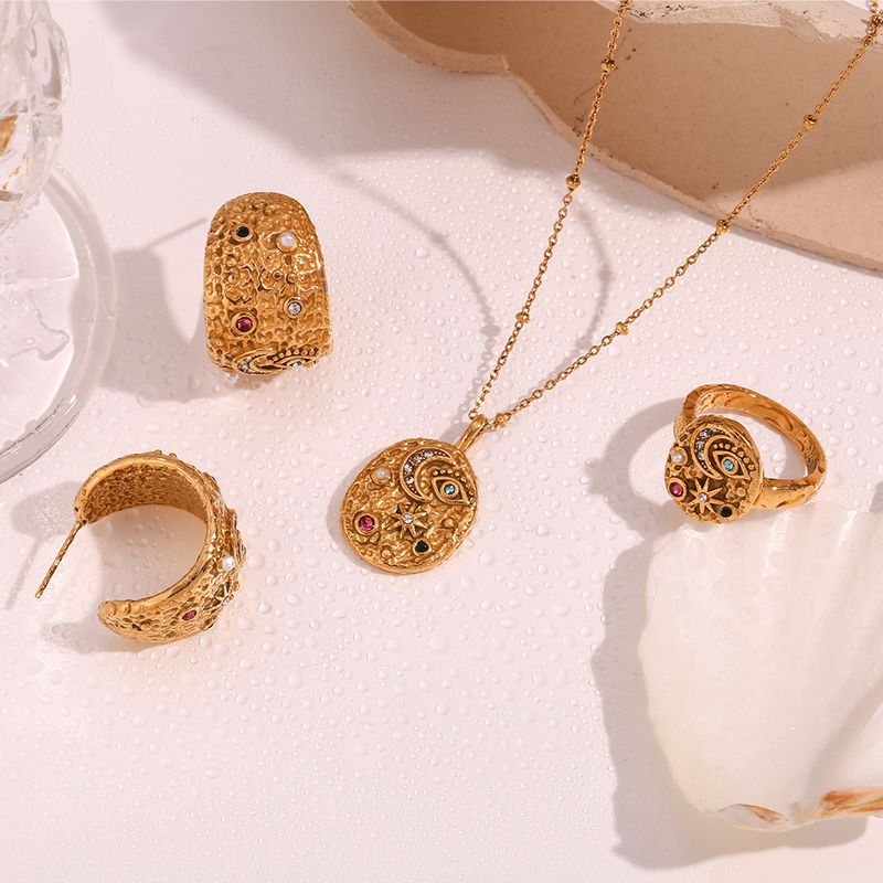 CELESTIALUMINANiche And Personalized Popular Earring And Ring Set, 18K Gold Plated, Micro-inlaid Star And Moon Round Necklace For Women_voghion.com