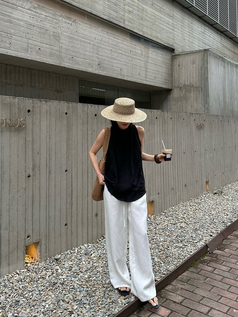 Atmungsaktive Hose aus Leinen-Baumwolle mit weitem Bein für Damen – Relaxed Fit Hose mit hoher Taille und geradem Bein und Kordelzug, lässige Loungewear für den Sommer in Weiß_voghion.com