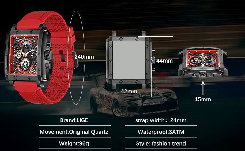 Orologio al quarzo quadrato da uomo LIGE LG8965 - Cronografo impermeabile con datario, cinturino sportivo in silicone (blu/nero, argento/bianco)_voghion.com