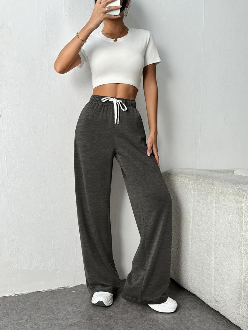 Women's Clothing High Waist Wide Leg Lounge Pants With Drawstring & Pockets - Soft Stretchy Polyester Athletic Casual Trousers For Workout_voghion.com