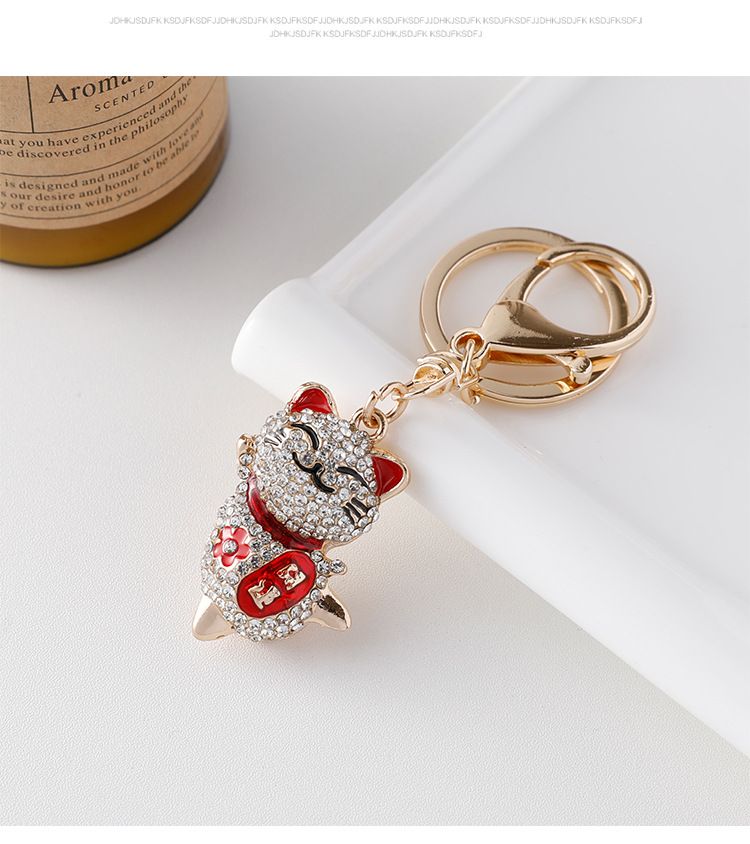 Porte-clés en métal avec pendentif en forme de chat porte-bonheur incrusté de diamants, style chinois, pour sac à main, voiture, dessin animé_voghion.com