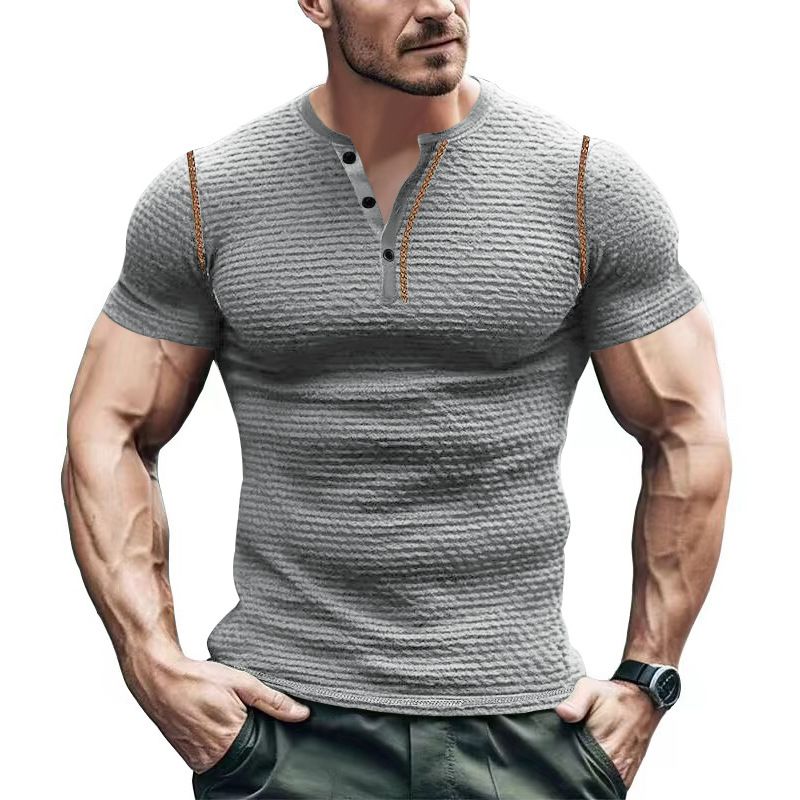 Unbeatable Quality Summer Sports Fitness Slim Fit Breathable Short Sleeved Muscle Henry Shirt Men's T-shirt_voghion.com