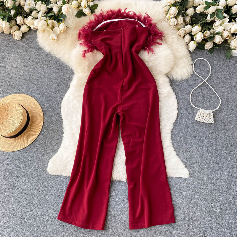 High-End-Nischen-Design, pelziger Overall mit Röhrenoberteil, Damen-Sommer-Neue, lockere, gerade Hose mit weitem Bein_voghion.com