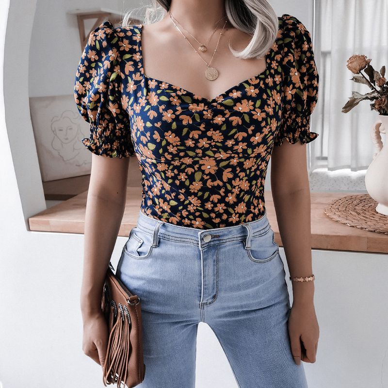 Summer New Casual Lantern Sleeve Square Neck Sexy Fragmented Chiffon Top Women's Wear_voghion.com