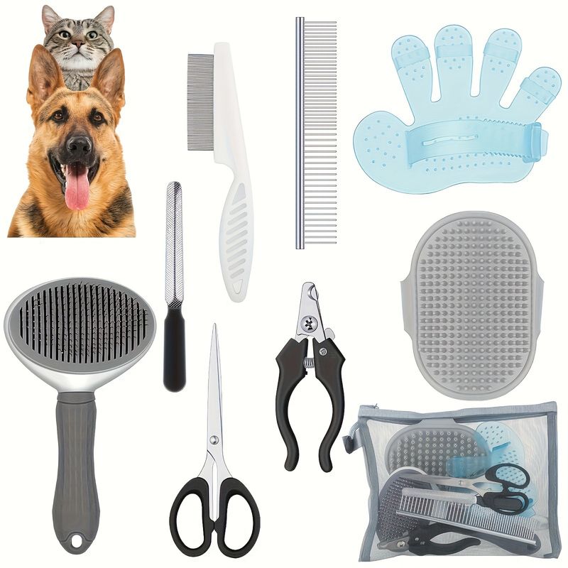 9-teiliges Hundepflegebürstenset mit Rechen, Flohkamm, Nagelknipser und Feile. Selbstreinigendes Fellpflegeset für Haustiere_voghion.com