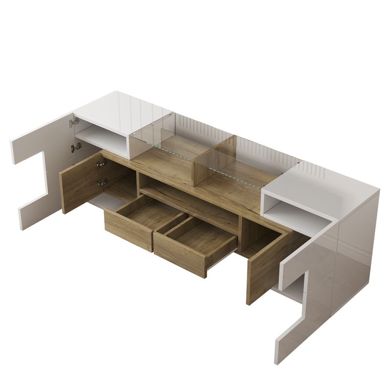 Meuble TV moderne, buffet bas blanc brillant de 145 cm avec éclairage LED, surface en verre élégante, mobilier de salon contemporain_voghion.com