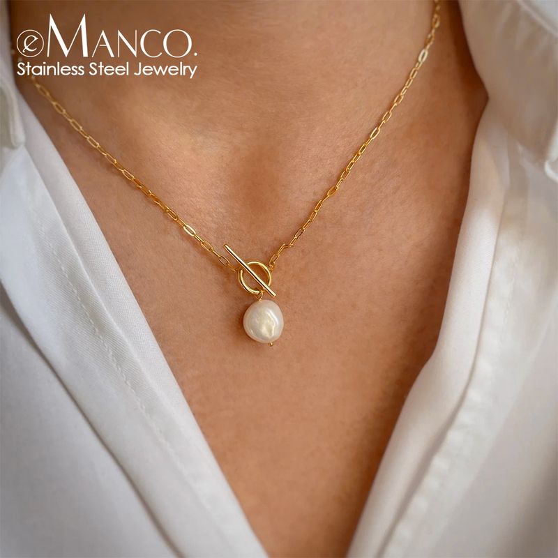 eManco Freshwater Pearl Toggle For Women Paperclip Necklace Stainless Steel Box Square Chain Long Choker_voghion.com