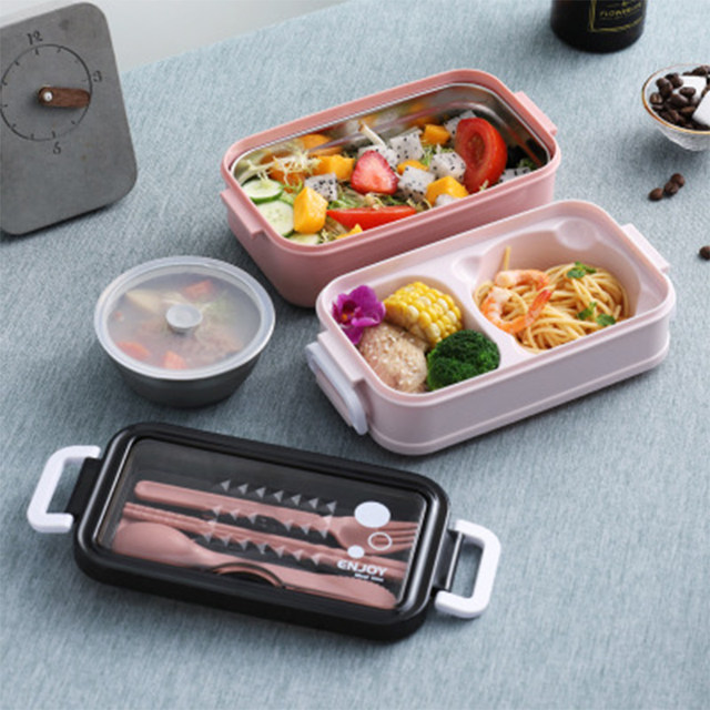 304 Rustfrit stål Madkasse Bento Box Til Skolebørn Kontormedarbejder 2-lags Mikroovn Opvarmning Frokostbeholder Mad Opbevaringsboks_voghion.com
