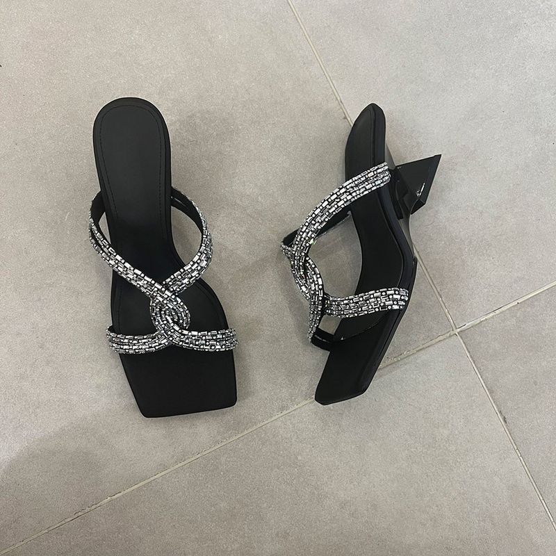 One-Strap Women's Summer New French Style Elegant Mid-High Sandals For Outdoor Wear Simple Square Toe Thin Heel Slippers_voghion.com