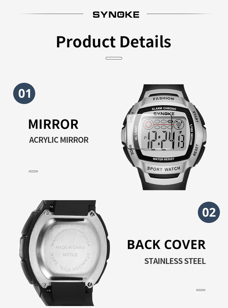 SYNOKE new retro electronic watch men's large screen simple waterproof luminous student watch sports_voghion.com