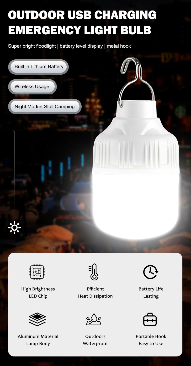 Bombillas LED recargables por USB para exteriores, luz de emergencia de alto brillo, para acampar, pescar, linterna portátil, luces nocturnas_voghion.com