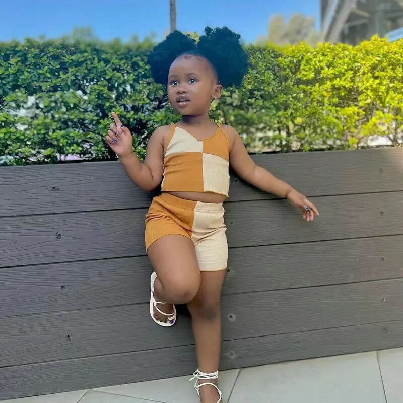 Ensemble de vêtements d'été pour bébés filles de 1 à 8 ans, haut court sans manches + short en Patchwork, pantalons pour enfants, tenues décontractées_voghion.com