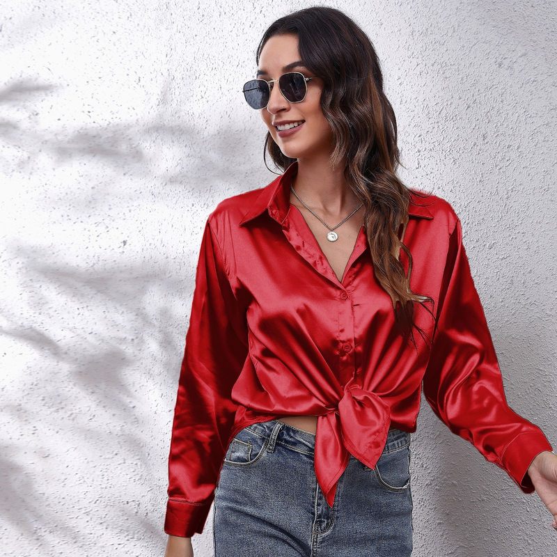 Women's clothing color D shirt satin silk imitation long sleeve shirt_voghion.com